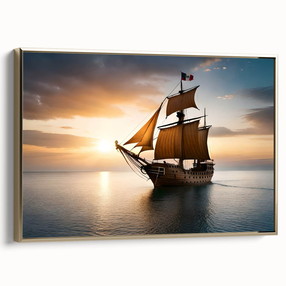 Sailboat on a colorful sea depicted in vintage poster style, framed canvas, ideal for living room decor.