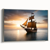 Vintage poster art of a sailboat, rendered in black with colorful accents on a large framed canvas.