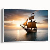 Sailboat on calm waters in black and white, vintage poster style framed canvas, ideal for bedroom wall decor.