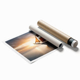 Large rolled print featuring a sailboat on calm waters in muted blue and white tones, suitable for classy bathroom wall art.