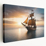 Sailboat on serene water depicted in muted blue and white tones on a stretched canvas, suitable for kitchen wall decor.