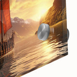 Mid-century modernist large abstract wall art of a sailboat in blue and white tones on acrylic glass.