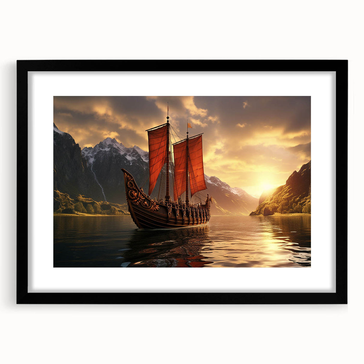 Abstract art print of a colorful sailboat on textured canvas, framed in black, ideal for living room decor.