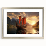 Abstract art print of a stylized sailboat in muted blue tones on a framed silver mat, ideal for dining room decor.