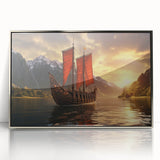 Art deco style sailboat on calm waters, in silver frame acrylic print, suited for modern art wall decor or nursery.