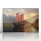 Framed acrylic print of a mid-century modernist sailboat, featuring muted blue and white tones, ideal for nursery wall art.