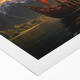 Art deco poster of a sailboat on a calm sea in muted blue and white tones, printed on rolled canvas.