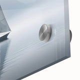 Mid-century modernist style sailboat on acrylic glass, featuring large abstract blue and white hues.