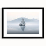 Colorful abstract art print of a sailboat, featuring vibrant blue and red tones on a textured canvas.