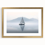Textured art print of an abstract sailboat in muted blue and gray tones on a framed canvas, ideal for bedroom art.
