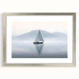 Abstract art print of a sailboat in muted blue and white tones on a silver-framed canvas, ideal for dining room decor.