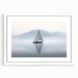 Extra large abstract art print of a sailboat, in textured blue and white tones, framed with a white mat.