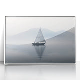 Sailboat on calm waters, framed acrylic print in mid-century modern style, suitable for modern nursery decor.