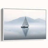 Framed canvas depicting a vintage-style sailboat in black and white, ideal for bedroom wall art.