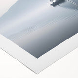 Art deco poster of a sailboat in muted blues and whites on rolled canvas, suitable for dining room wall art.