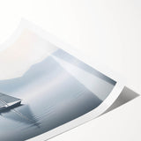 Extra large wall art featuring a sailboat on a serene lake, in muted blues and grays, ideal for large living room wall decor.