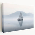 Sailboat on calm waters depicted in muted blues and whites on a stretched canvas, suitable for kitchen wall art.