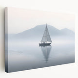 Sailboat on calm waters depicted in muted blues and whites on a stretched canvas, suitable for kitchen wall art.