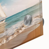 Mid-century modernist style sailboat acrylic print in blue and white, ideal for dining room art.