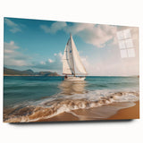 Acrylic print of a large abstract sailboat in blue and white, ideal for bedroom or dining room art.