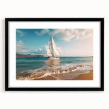 Extra large colorful abstract art print of a stylized sailboat on textured canvas, framed in black.