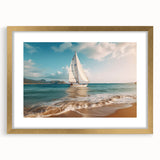 Textured abstract art print of a sailboat in muted blue tones on a framed gold mat, ideal for bedroom art.