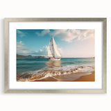 Abstract art print of a stylized sailboat in cool blue and white tones, framed in silver, suitable for dining room decor.