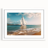 Extra large abstract art print of a sailboat, in textured white and blue tones on a framed canvas.
