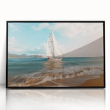 Large abstract wall art of a sailboat in muted blue tones, acrylic print in black frame.