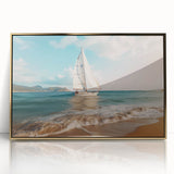 Mid-century modernist style sailboat on a calm sea, acrylic print in gold frame, suitable for nursery wall art.
