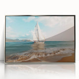 Art deco style sailboat depicted in muted blues and whites on a silver-framed acrylic print.