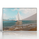 Acrylic print of a mid-century modernist sailboat in muted blue and white tones, ideal for modern art wall decor.