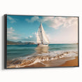 Black and white framed canvas featuring a vintage-style sailboat on a serene sea, ideal for bedroom wall decor.