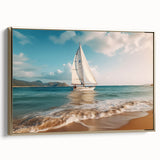 Framed canvas featuring a vintage sailboat on a colorful, cloudy backdrop, ideal for adding character to living room decor.