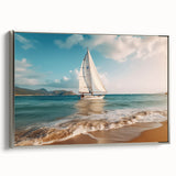 Vintage poster art of a sailboat, framed canvas in silver, featuring a black and colorful palette.