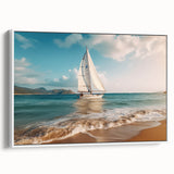 Framed canvas of a vintage sailboat on a calm sea in muted black and white tones, ideal for bedroom wall art.