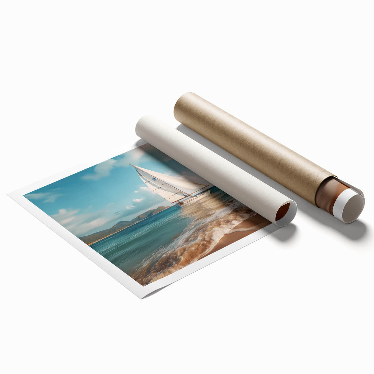 Extra large wall art featuring a sailboat on muted blue and white tones, printed on rolled canvas.