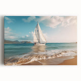 Black and white photograph of a sailboat on a calm sea, printed on large stretched canvas, ideal for kitchen wall art.