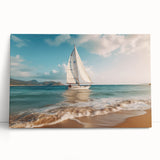 Black and white photograph of a sailboat on stretched canvas, ideal for kitchen wall art or bedroom ambiance.