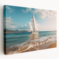 Sailboat on calm waters acrylic print in muted blues and whites, ideal for kitchen wall art.