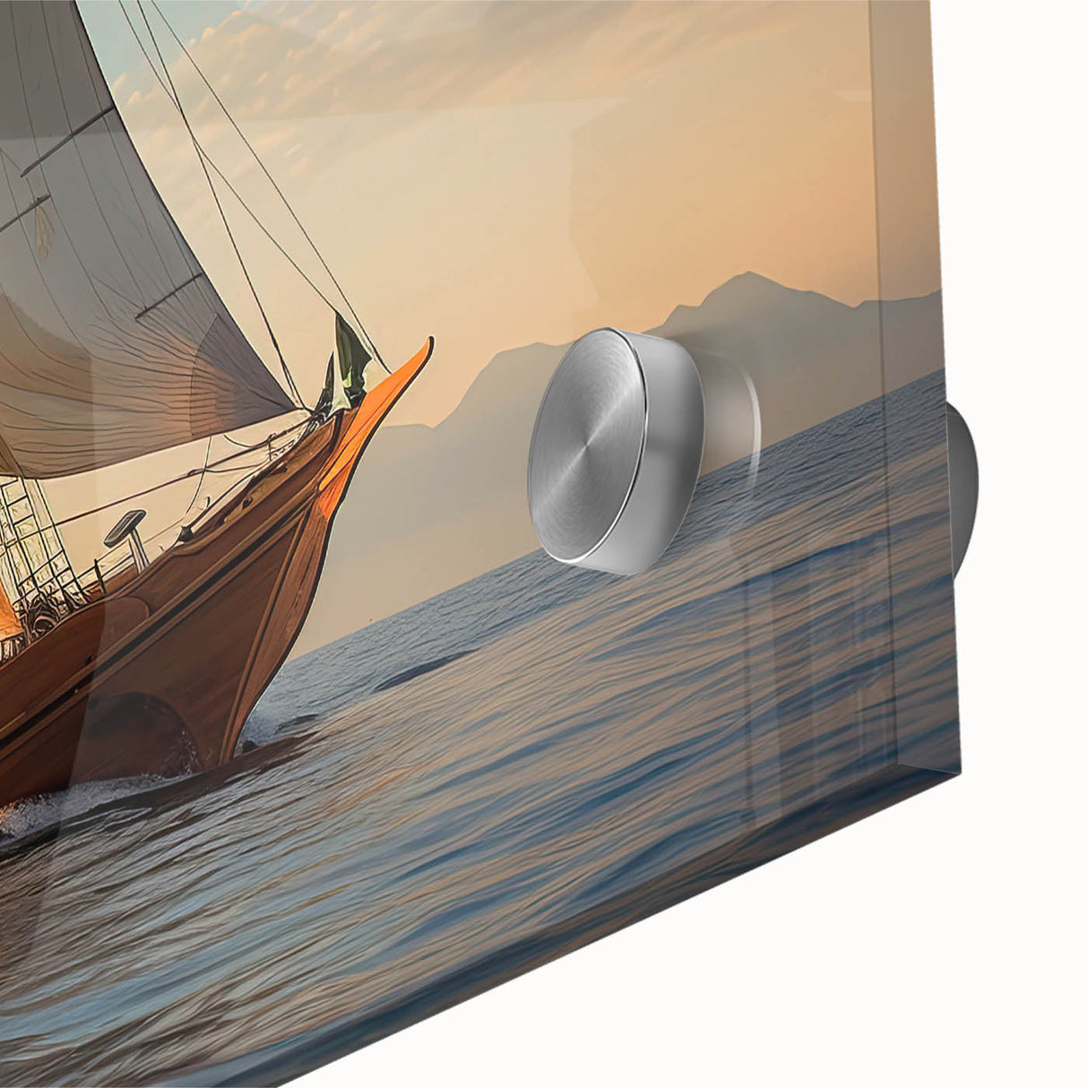Acrylic print of a large abstract sailboat in blue and white tones.