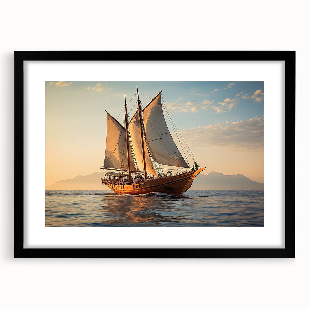Abstract art print of a colorful sailboat on textured canvas, framed in black, ideal for living room decor.