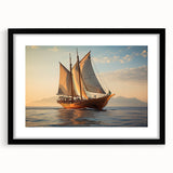 Abstract art print of a colorful sailboat on textured canvas, framed in black, ideal for living room decor.