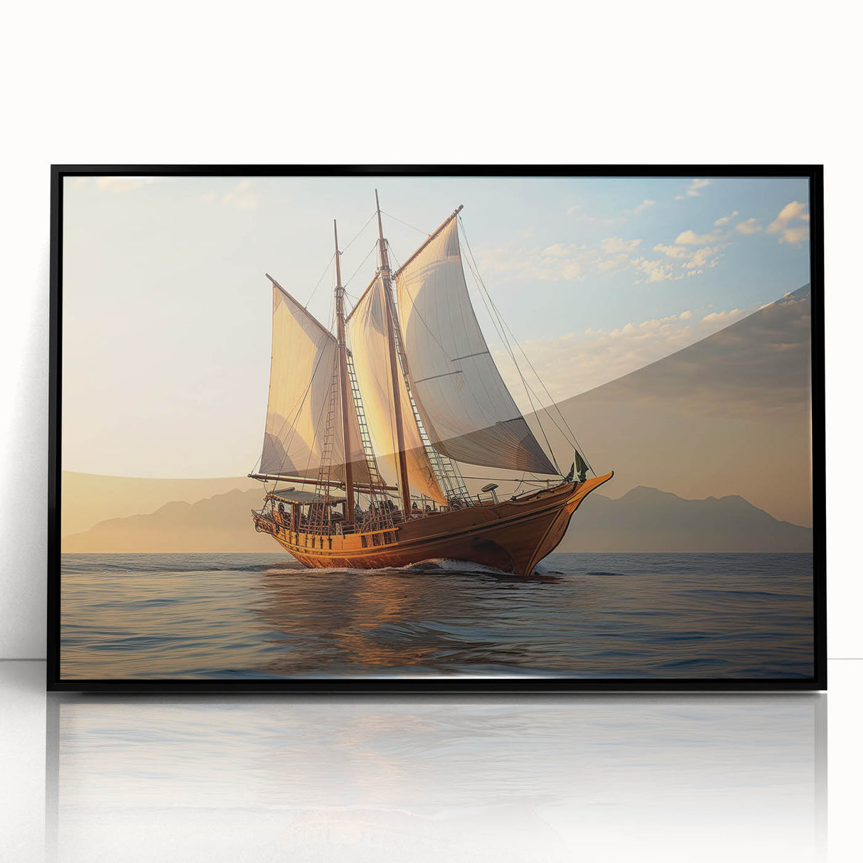 Large abstract wall art of a sailboat in muted blue and gray tones on a framed acrylic.