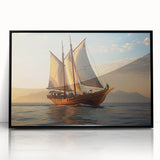 Large abstract wall art of a sailboat in muted blue and gray tones on a framed acrylic.