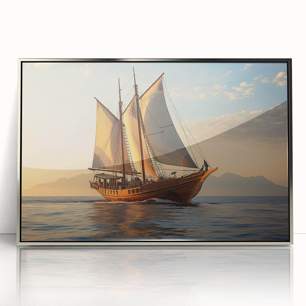 Art deco style sailboat on calm waters, framed acrylic print in silver, suited for modern nursery decor.