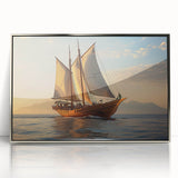 Art deco style sailboat on calm waters, framed acrylic print in silver, suited for modern nursery decor.