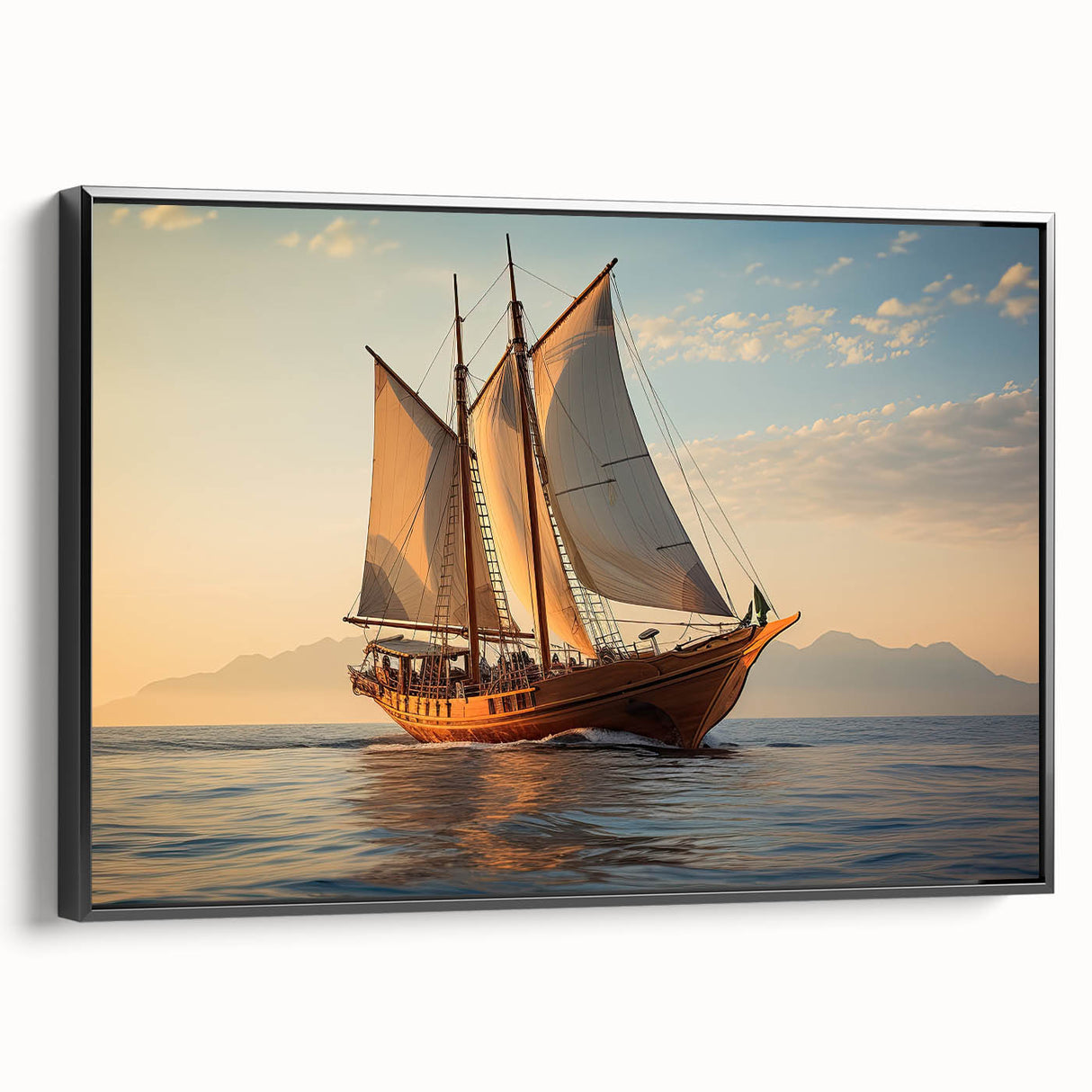 Black and white framed canvas of a vintage sailboat, ideal for bedroom wall art.