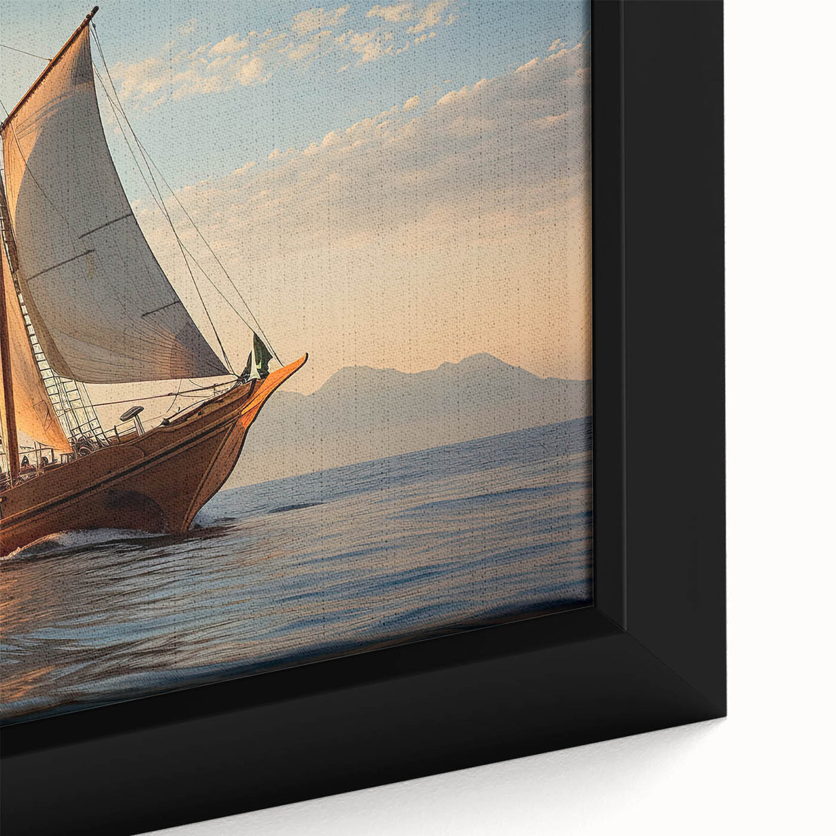 Framed canvas featuring a large, textured depiction of a sailboat on a black background with colorful accents.