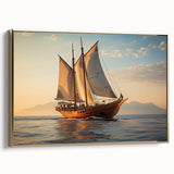 Framed canvas landscape painting featuring a vintage-style sailboat in vibrant colors on a black background.